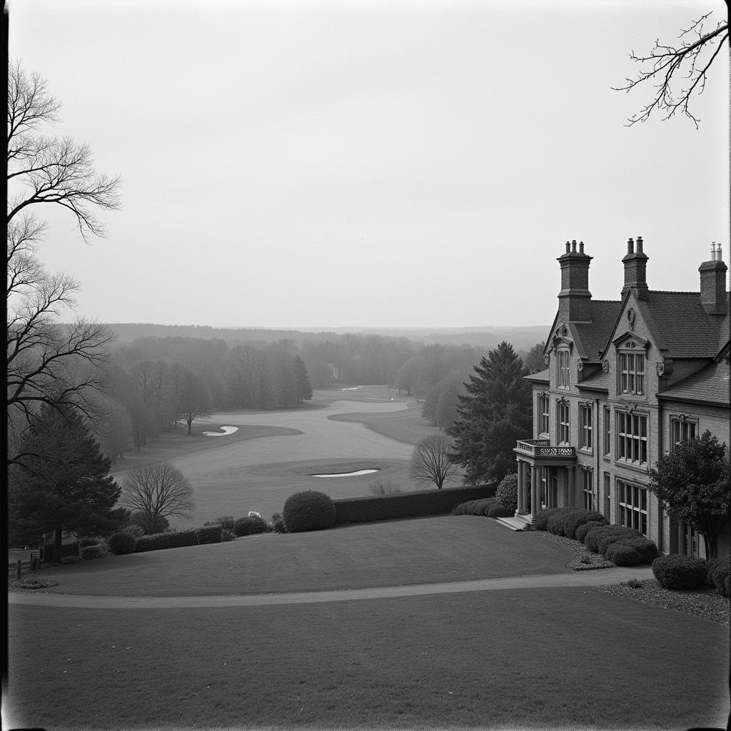 A vintage black and white photo of an old golf course with a grand manor in the background