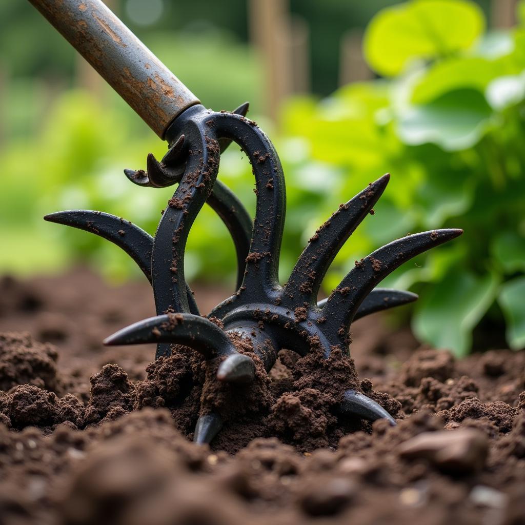 Vintage Troy-Bilt Horse tiller actively tilling soil in a garden.