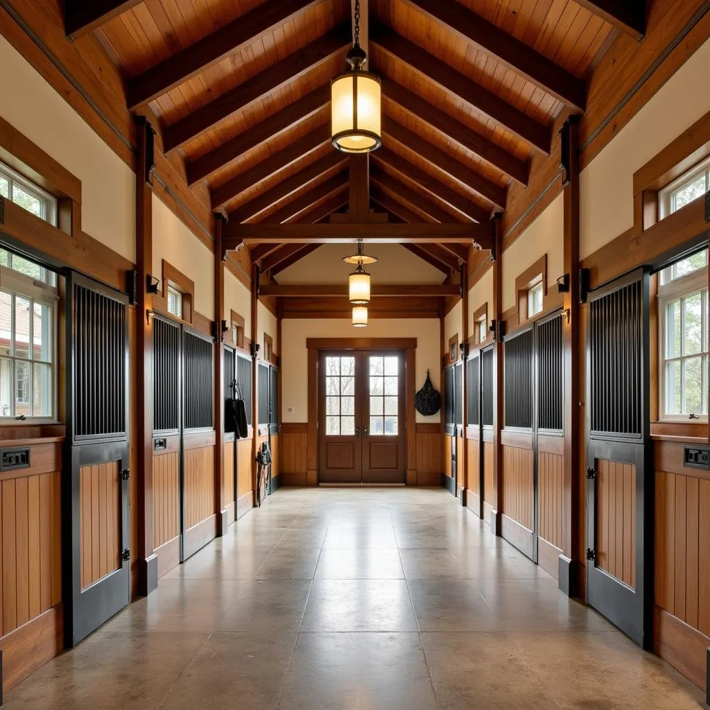 A well-maintained horse barn with stables and a tack room