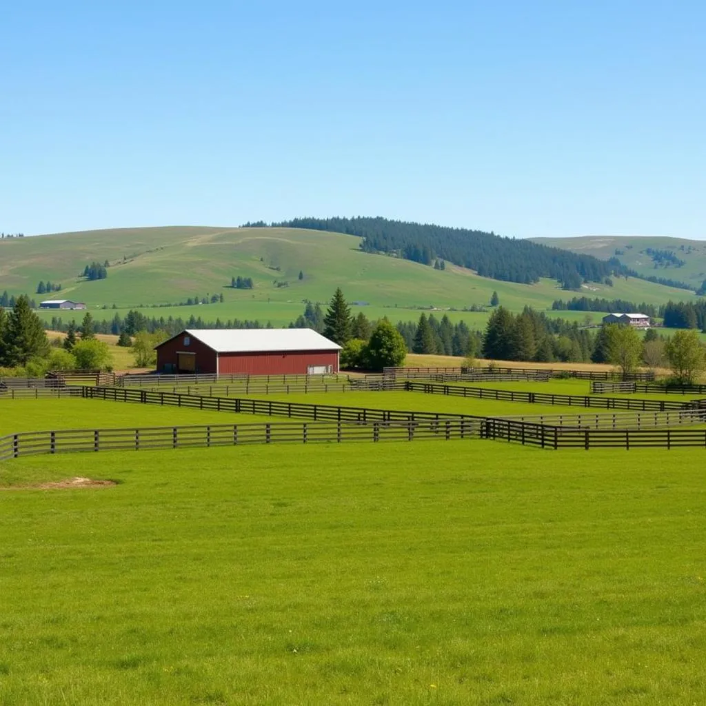 Horse property acreage with fenced pastures and a barn in the distance