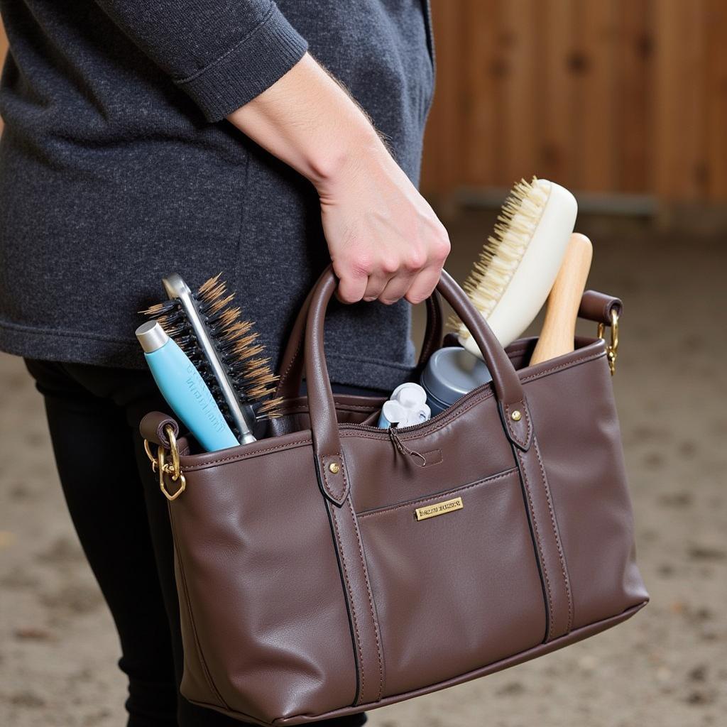 An Organized Horse Grooming Tote in Action