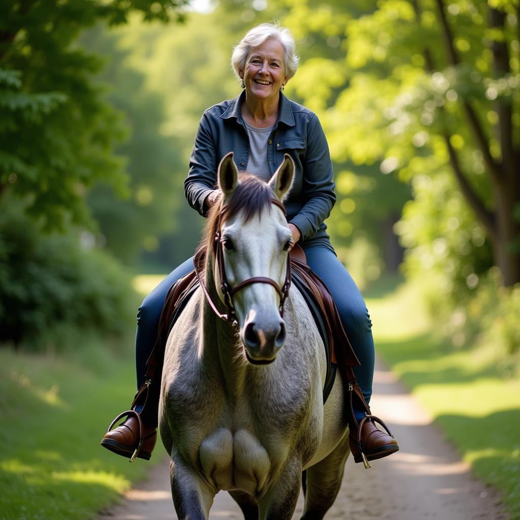 Senior horse and rider enjoying a trail ride