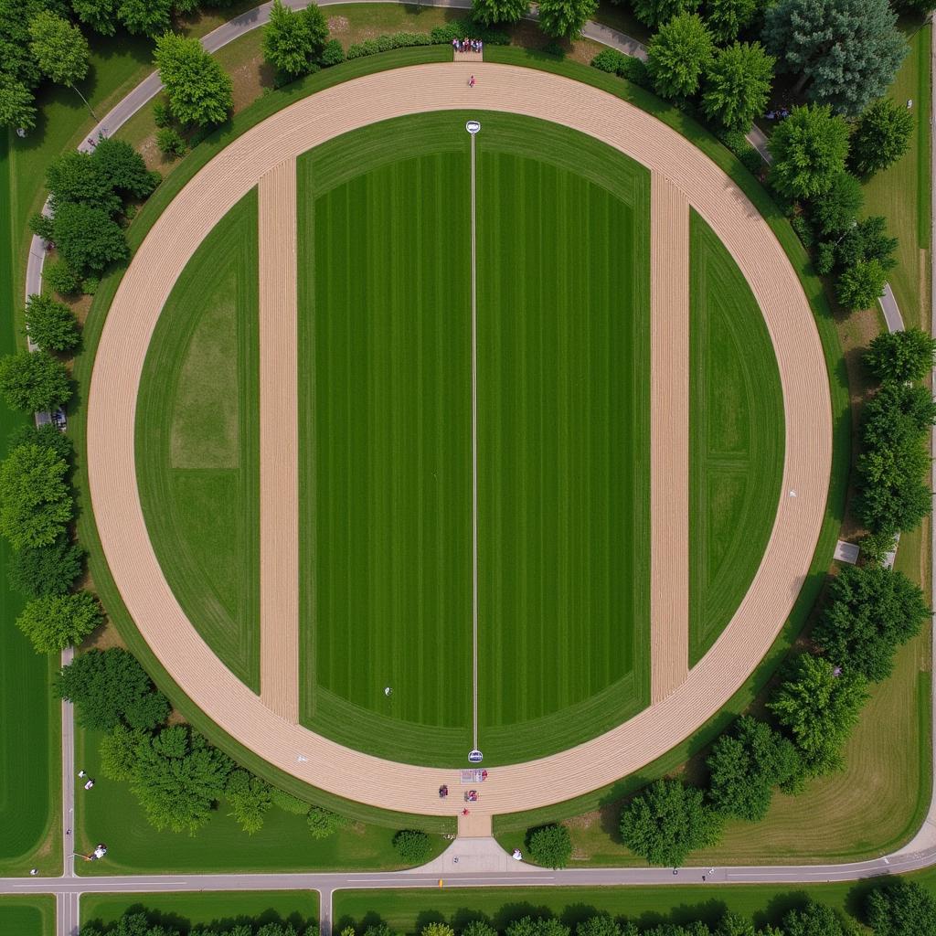 Aerial view of an oval horse track with marked dimensions