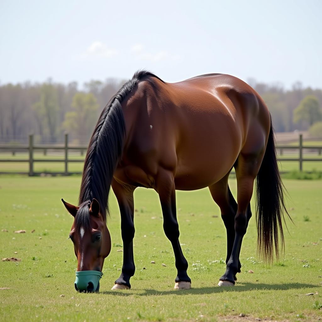 Overweight Horse Wearing a Greenguard Muzzle