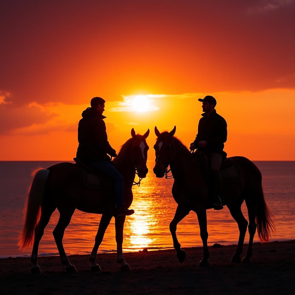 Silhouette of a couple riding horses on the beach at sunset