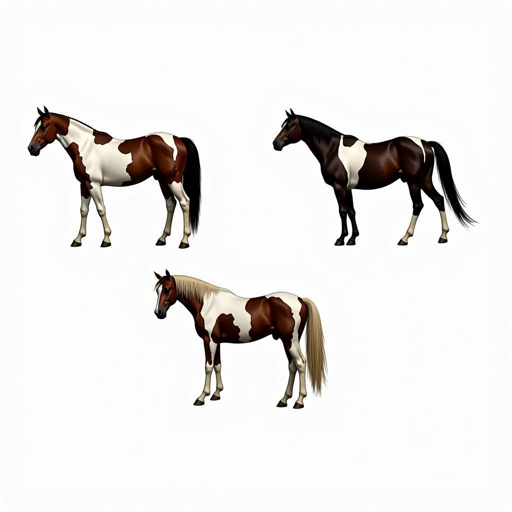 Paint horse coat patterns: tobiano, overo, tovero.