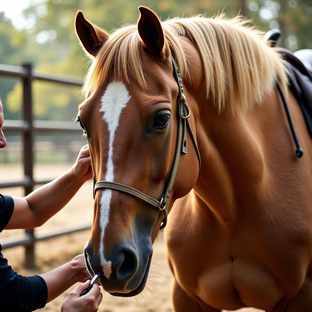 Palomino draft horse being groomed