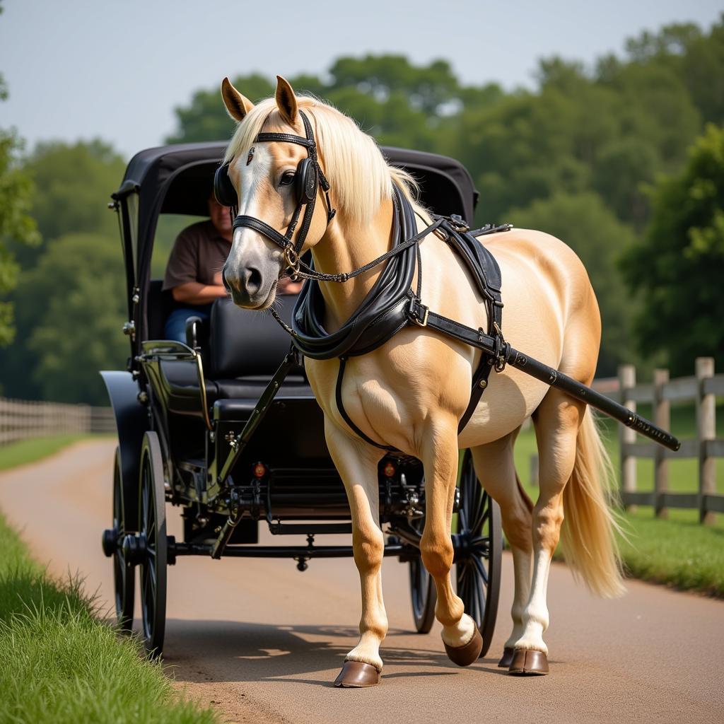 Palomino draft horse pulling a carriage