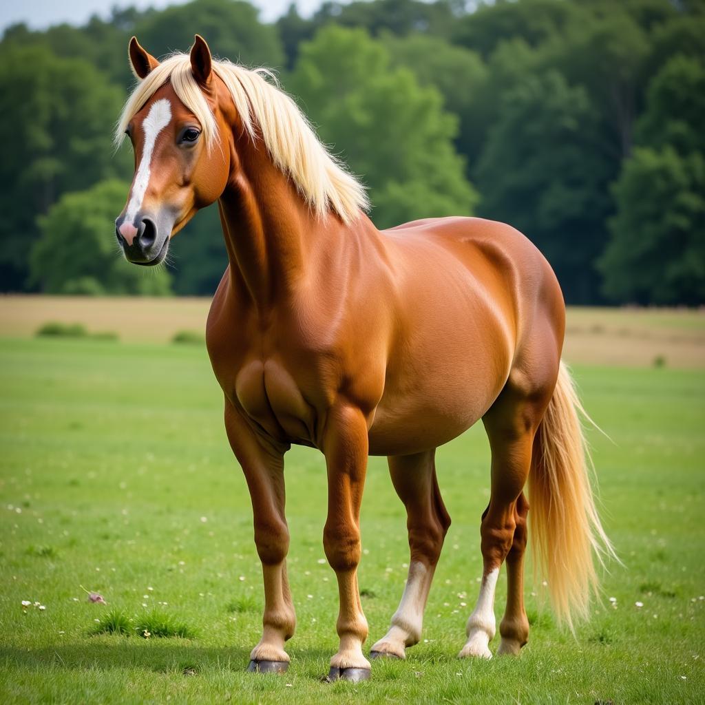 Palomino draft horse standing in a field