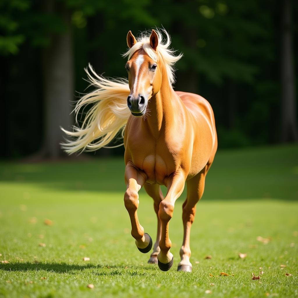 Palomino horse running through a field