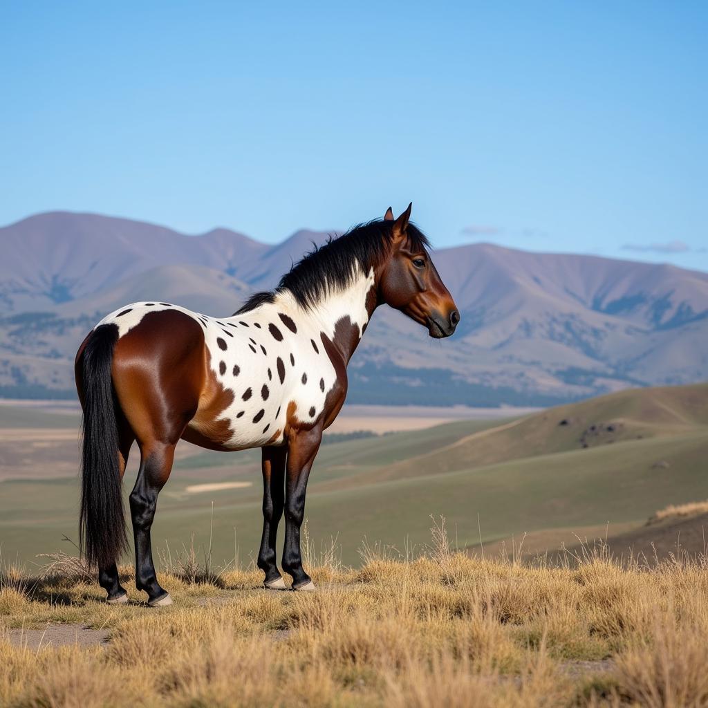 Palouse horse with a spotted coat standing on a hilltop against a backdrop of rolling hills and blue skies