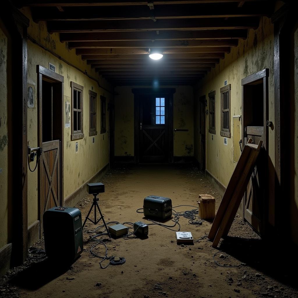 Paranormal Investigation Equipment in a dimly lit Horse Stable