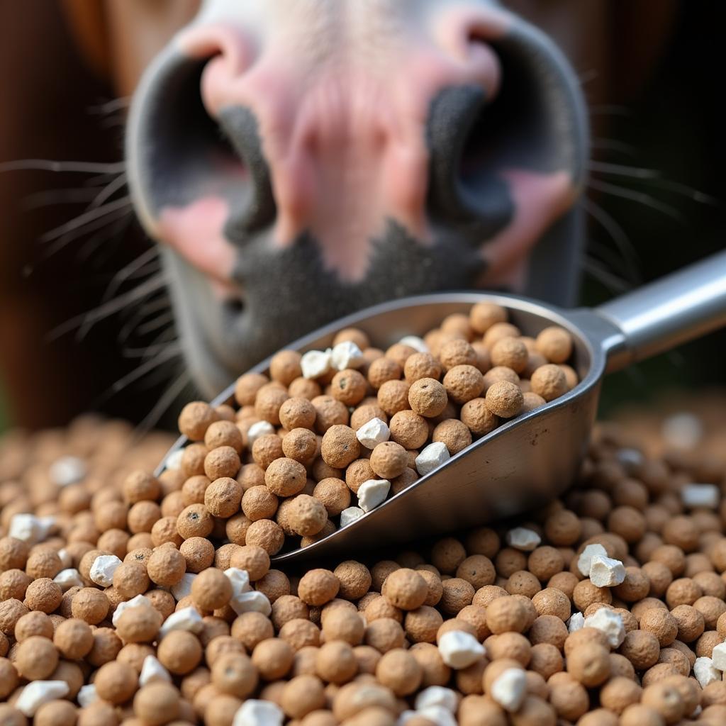 Horse eating pelleted electrolytes