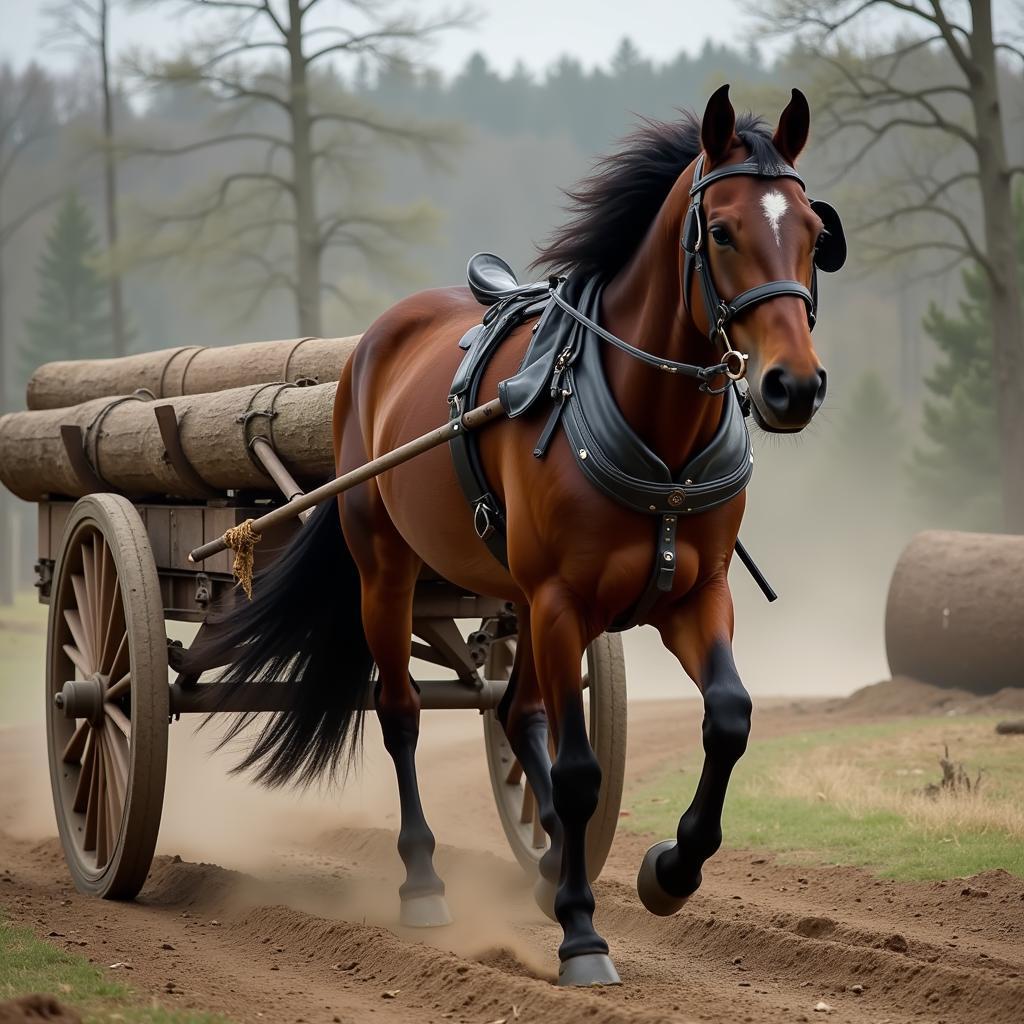 A Percheron horse pulling a large load