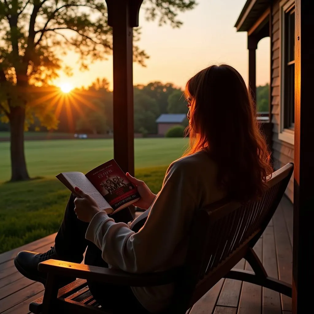  A person curled up on a porch swing, engrossed in a horse racing mystery novel