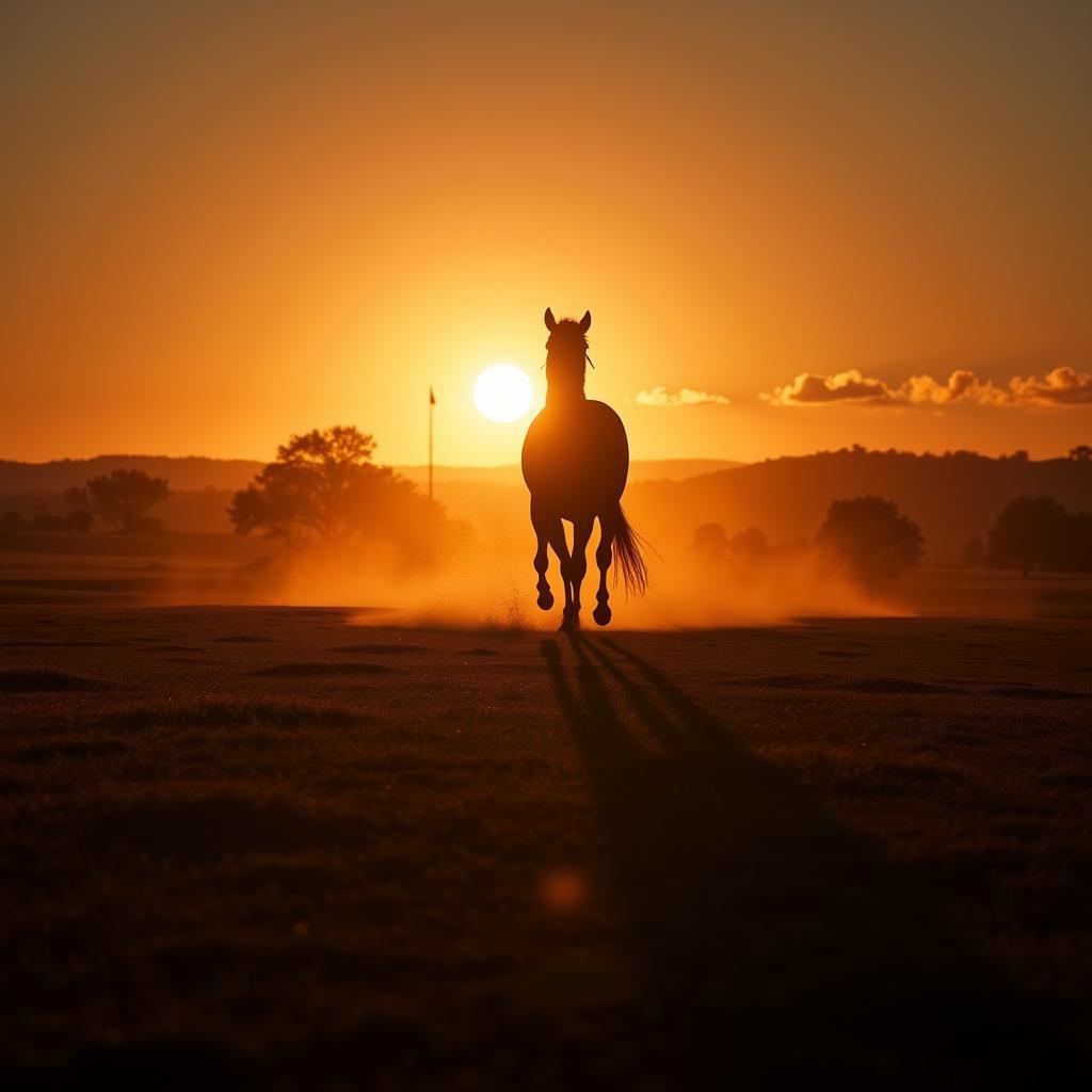 Silhouette of a horse running across a golf course at sunset