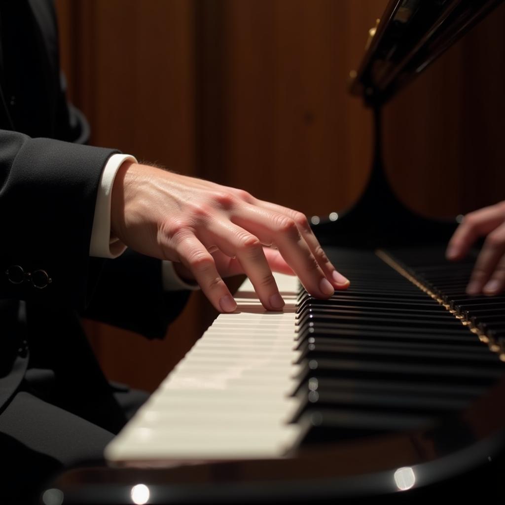 Pianist playing dramatic chords on a grand piano