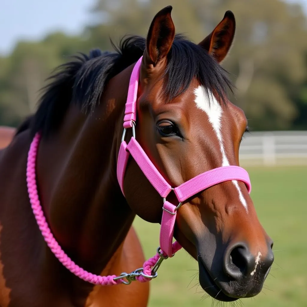 A horse sporting a stylish pink halter and lead rope set