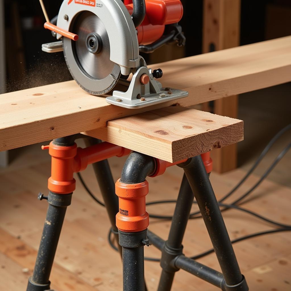 Pipe saw horse being used for woodworking