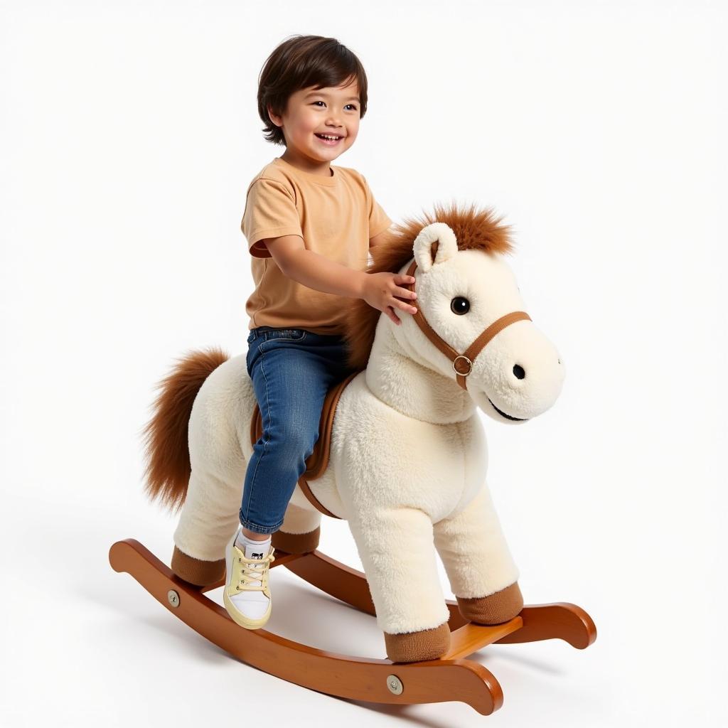 Child playing with a plush rocking horse toy