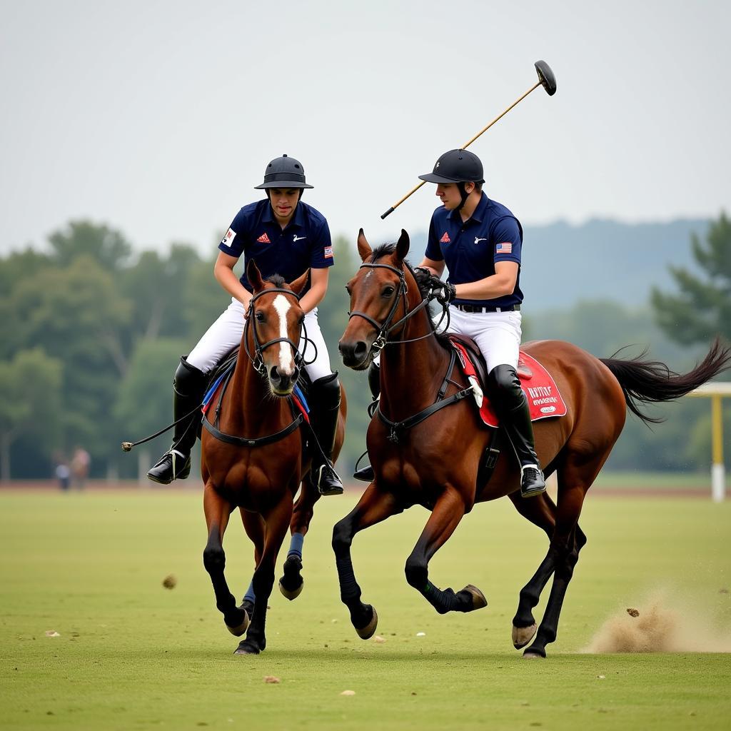 Polo players wearing traditional white polo pants during a match