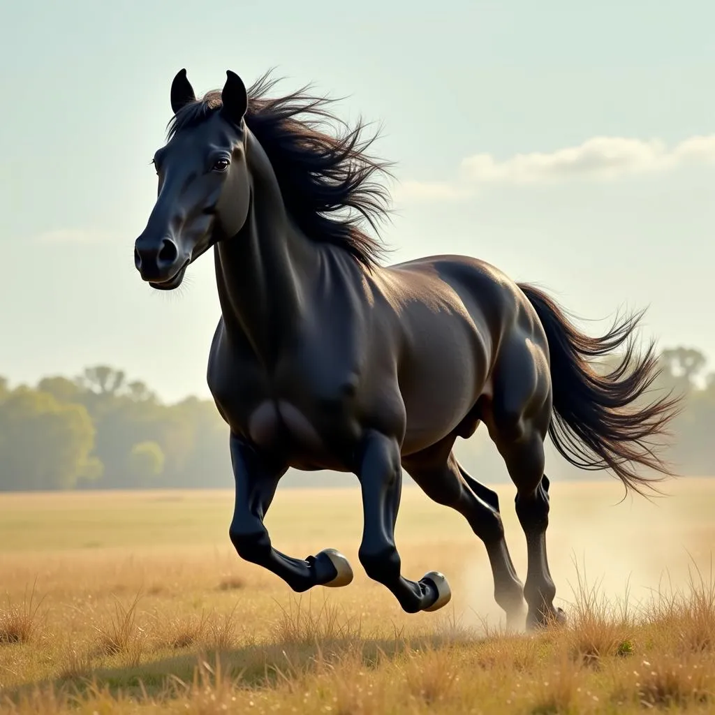 Powerful Black Stallion Galloping Through a Field