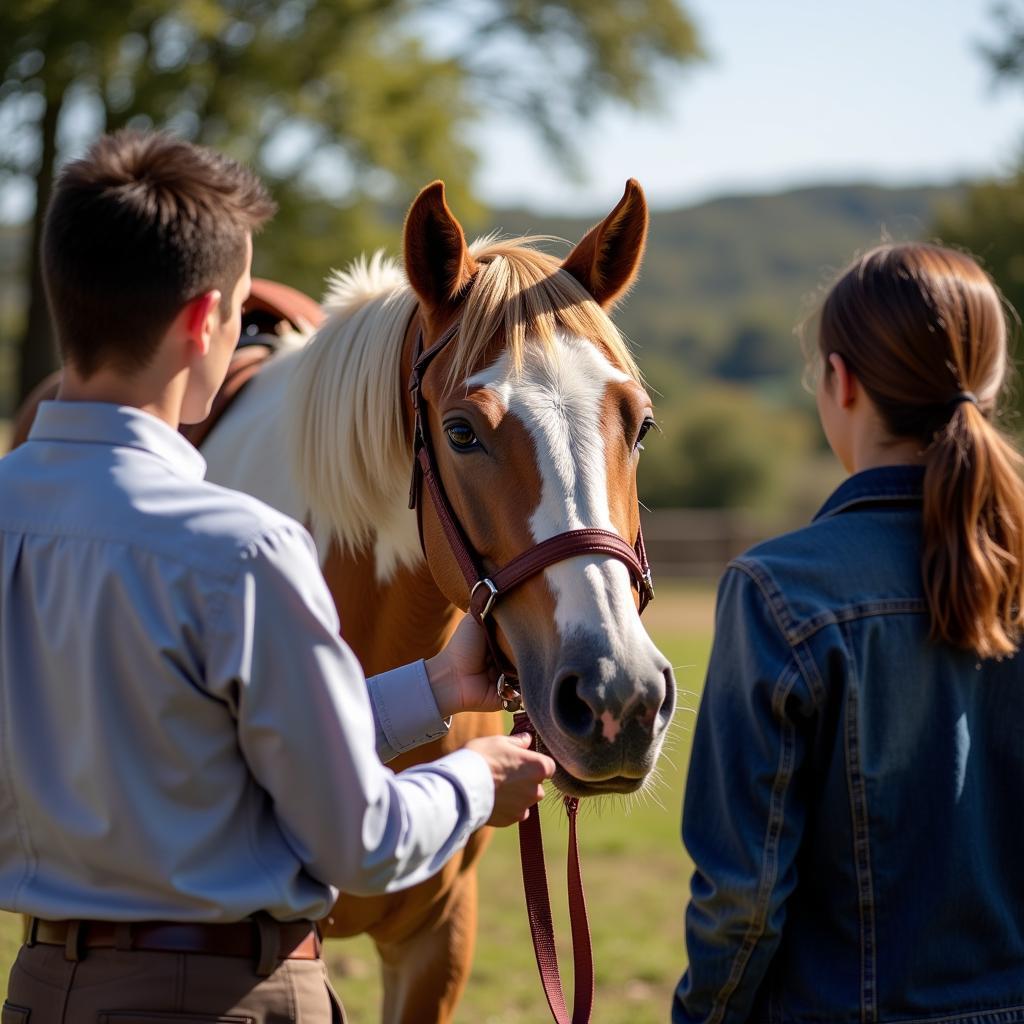 Potential buyers inspecting a horse at a pre-sale event