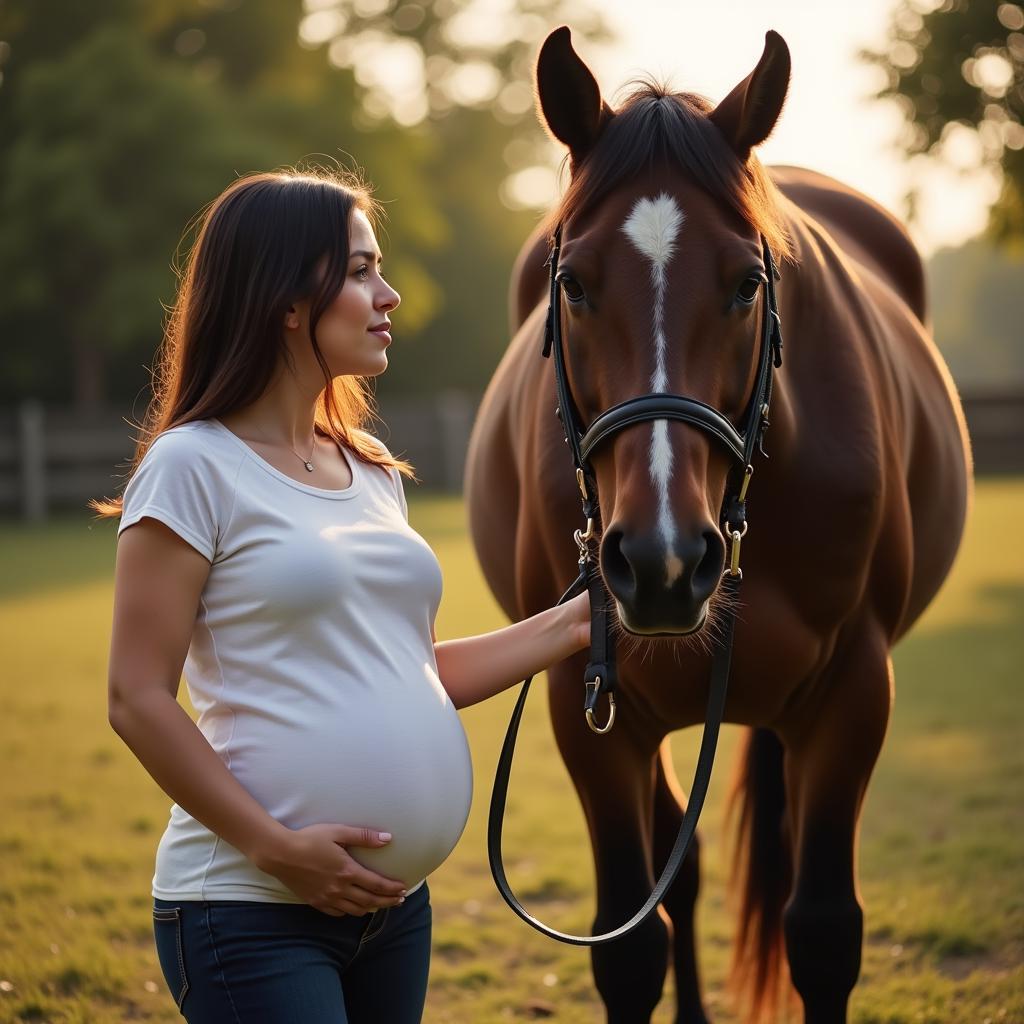 Pregnant woman lovingly holding her horse