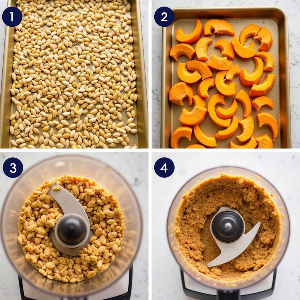 Preparing pumpkin seeds for horses by roasting and grinding