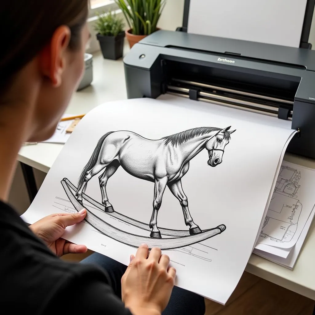 Printing large-format rocking horse blueprints.