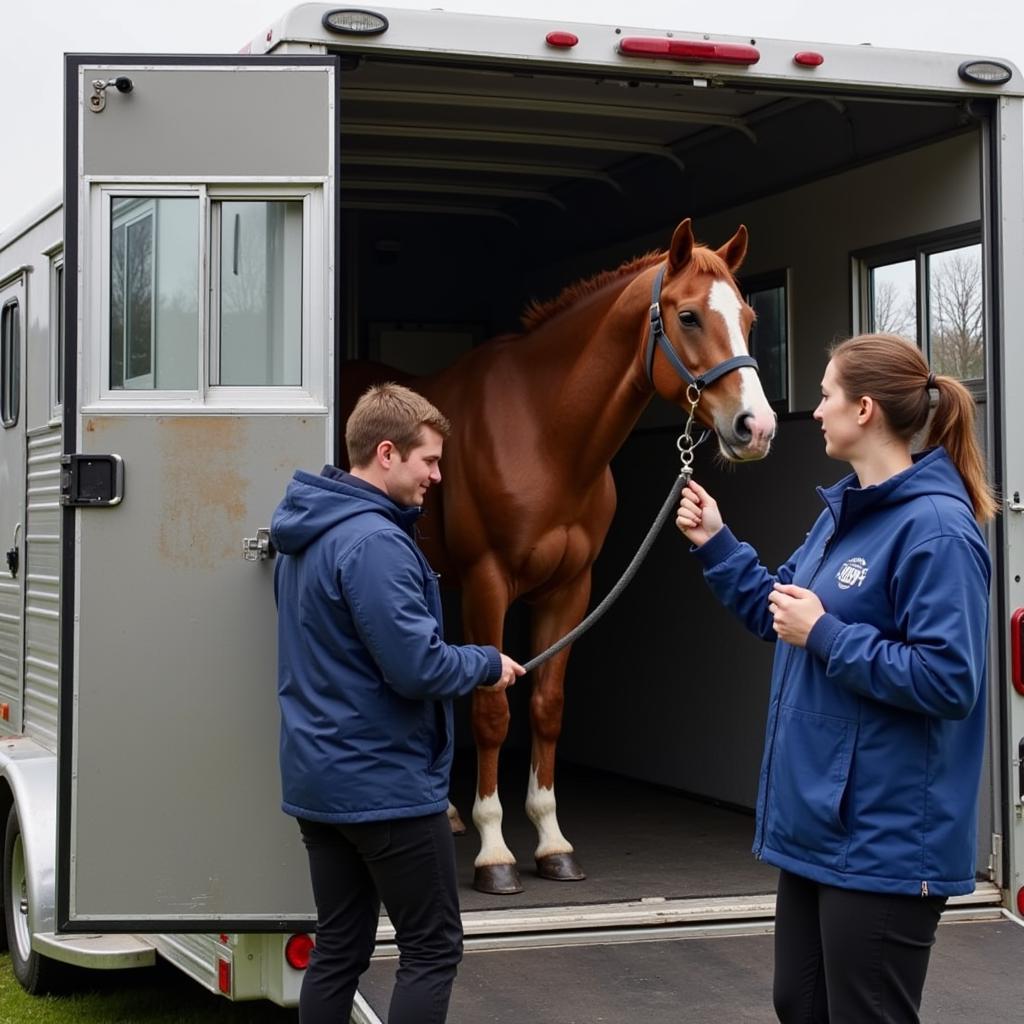 Experienced Horse Handlers Preparing a Horse for Transport