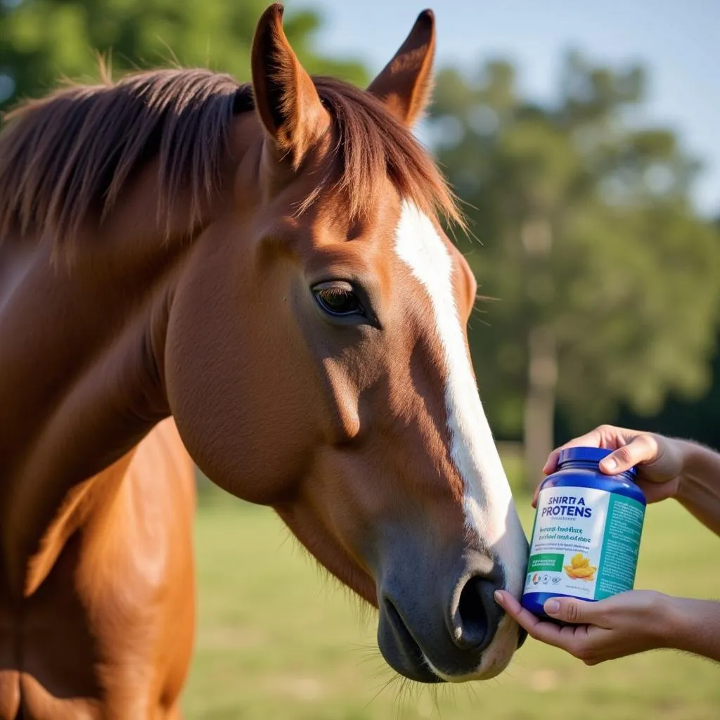 Feeding a protein supplement to a horse