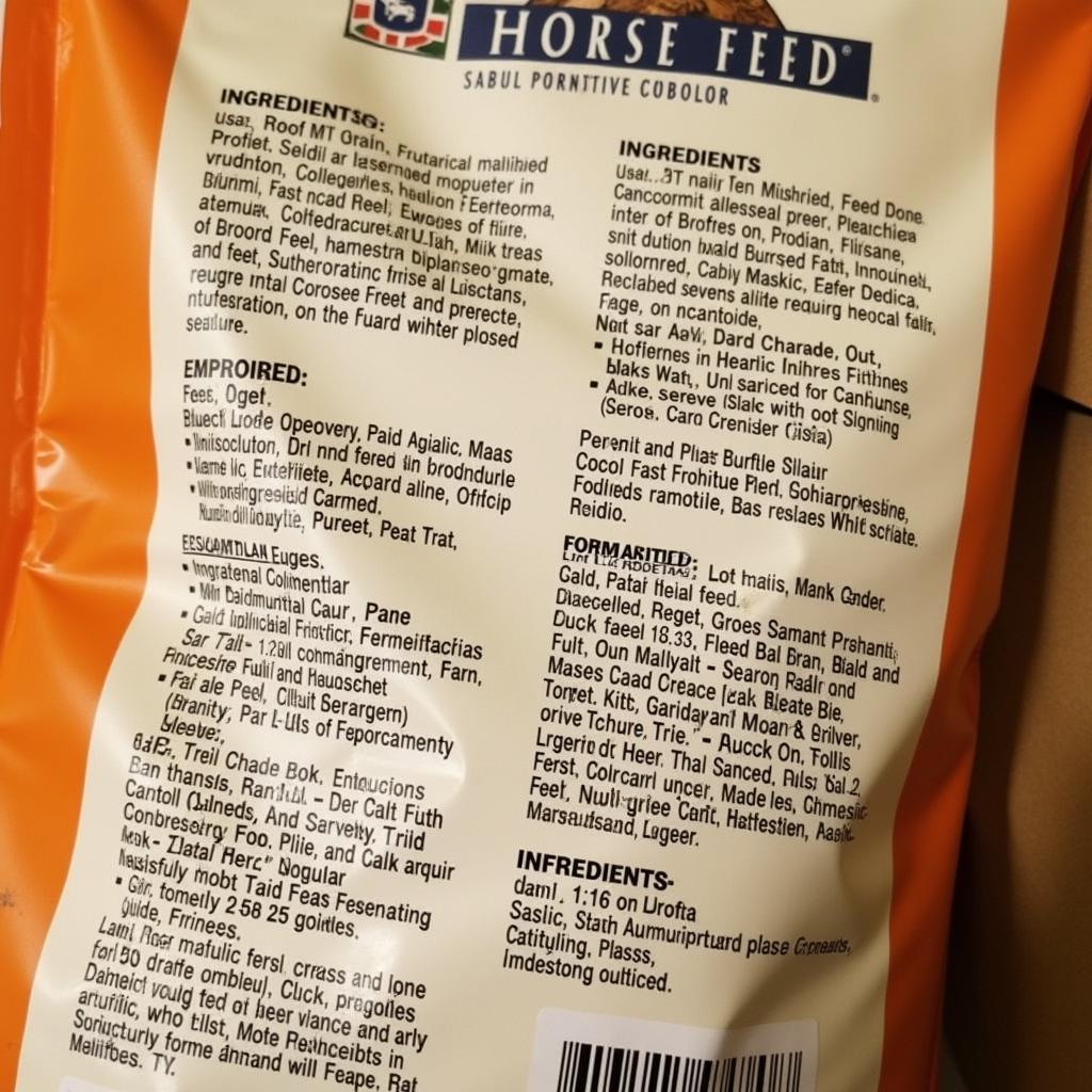 Close-up of Purina horse feed ingredients label