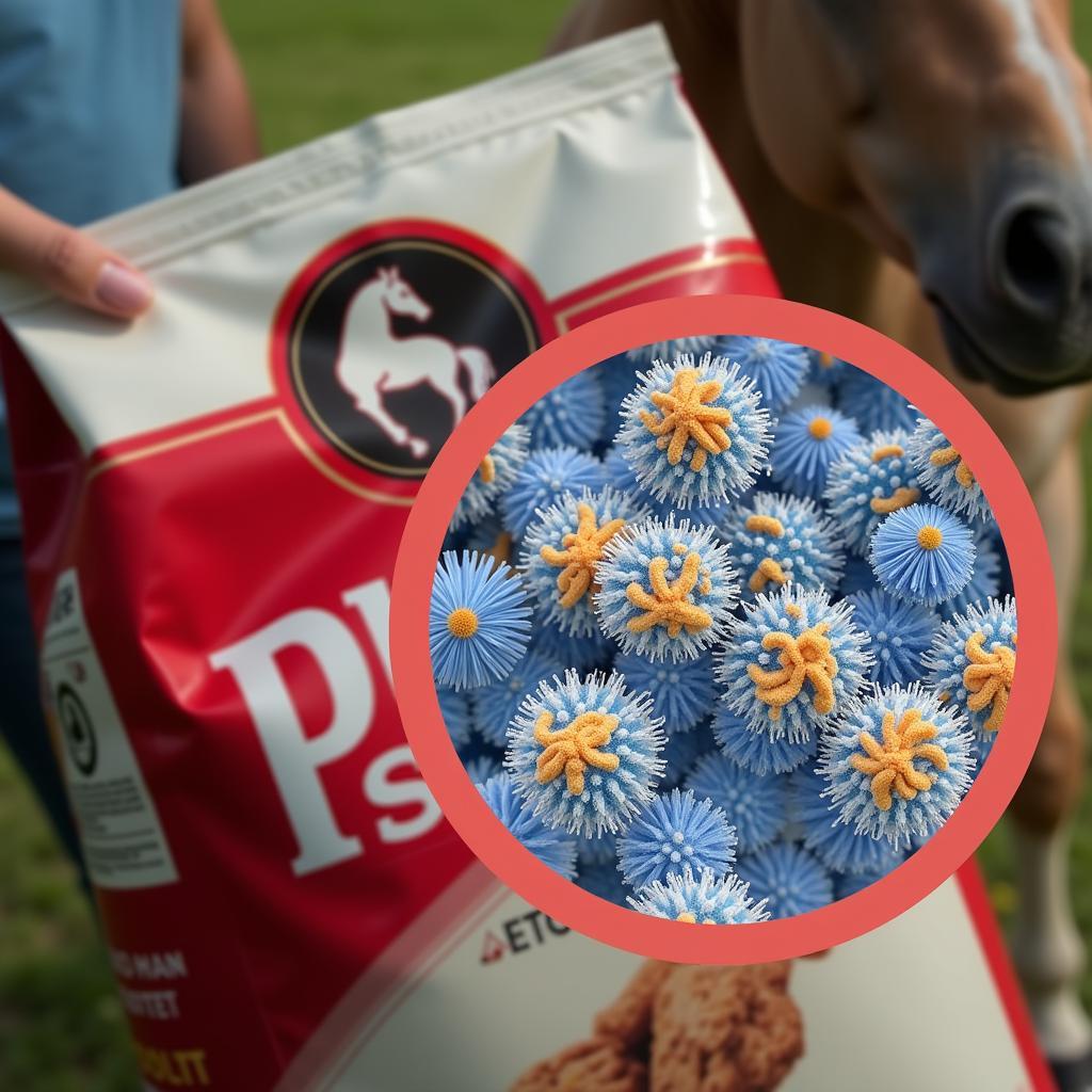 Horse feed with Purina logo and microscopic view of gut bacteria