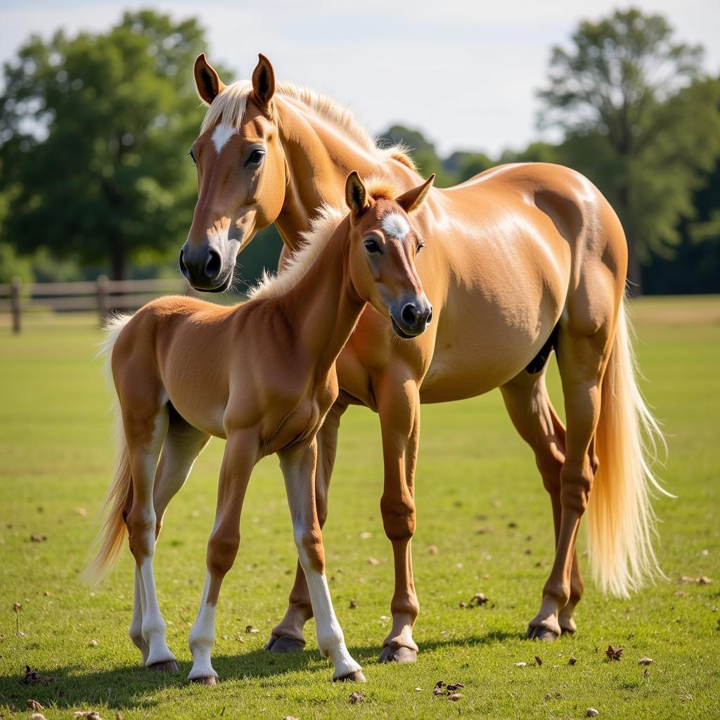 Quarab Mare and Foal Grazing Together in a Field