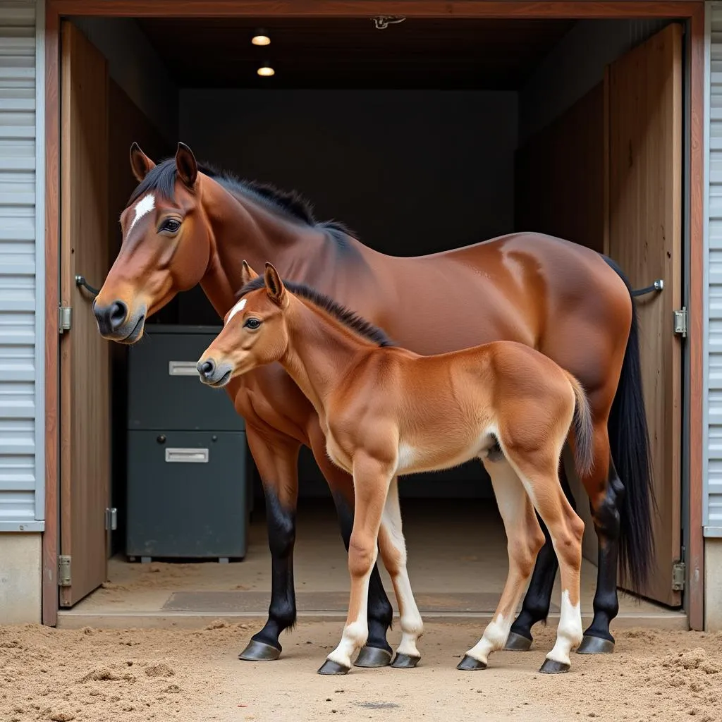 Quarter Horse mare and foal in the stable