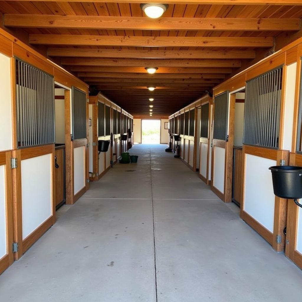 Well-Equipped Stable Interior with Horse Stalls