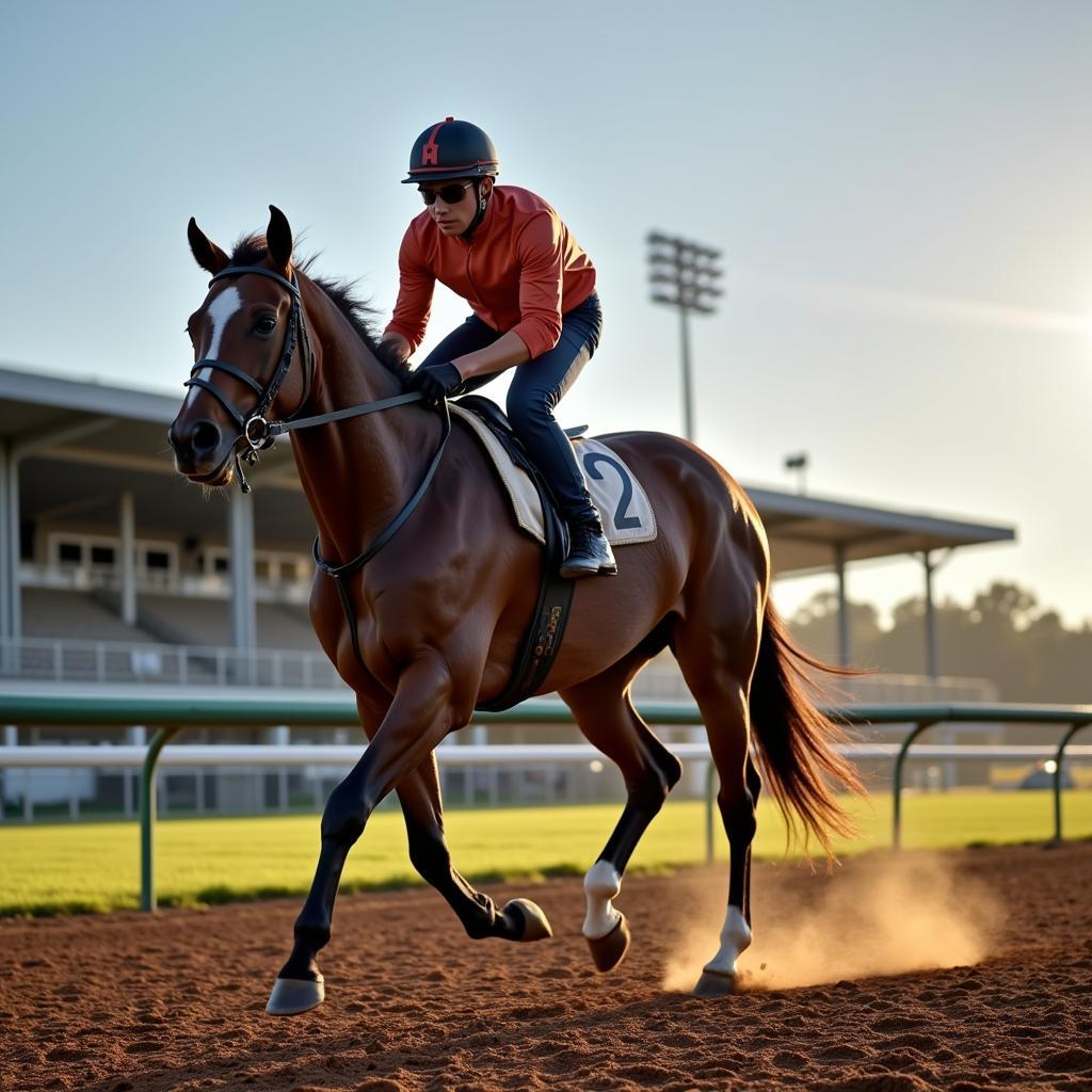 Racehorse galloping on a training track with a jockey.