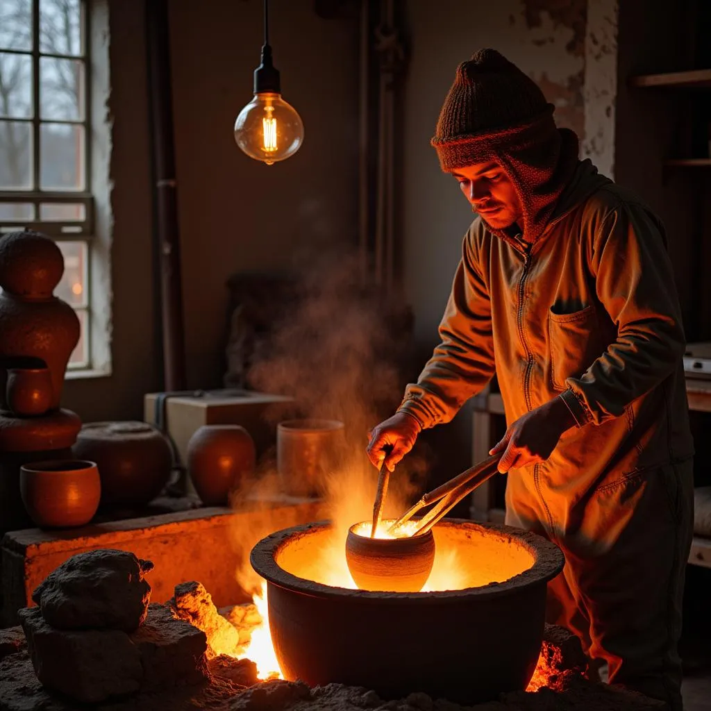 A potter removes a glowing pot from a raku kiln.