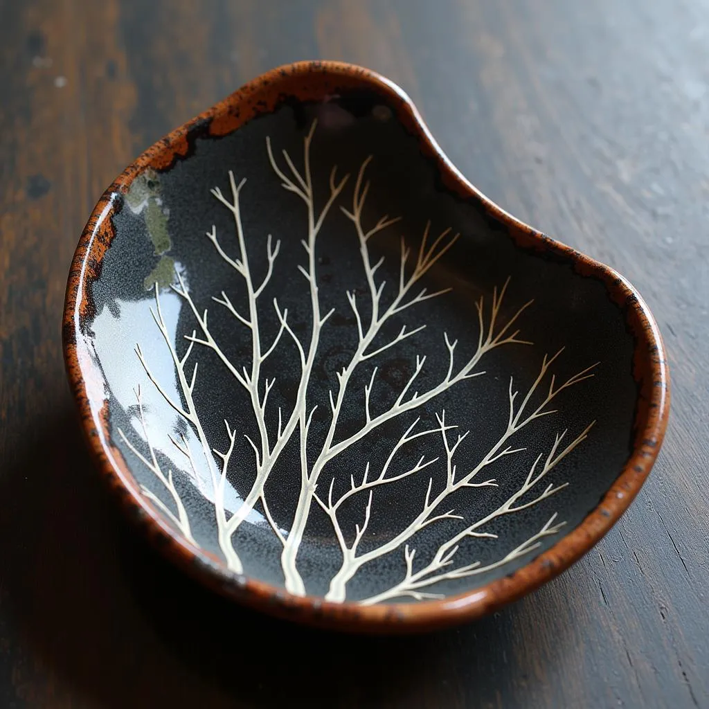 Close-up of raku horse hair pottery, showcasing the intricate patterns and textures.