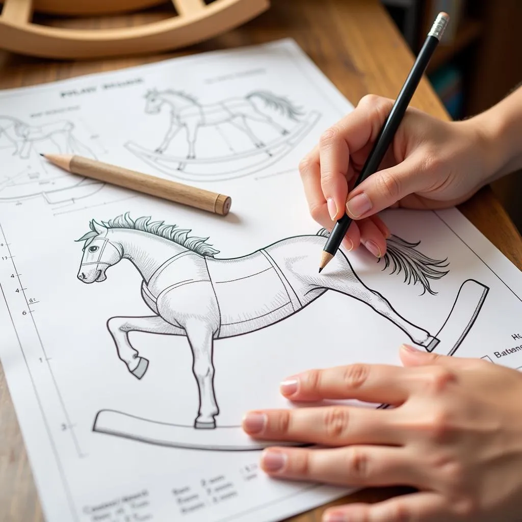 A person reviewing detailed rocking horse blueprints.