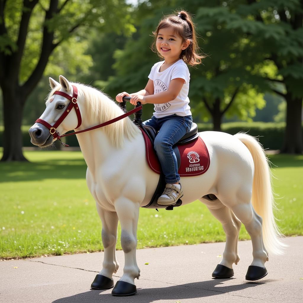 Detailed ride-on electric horse with saddle