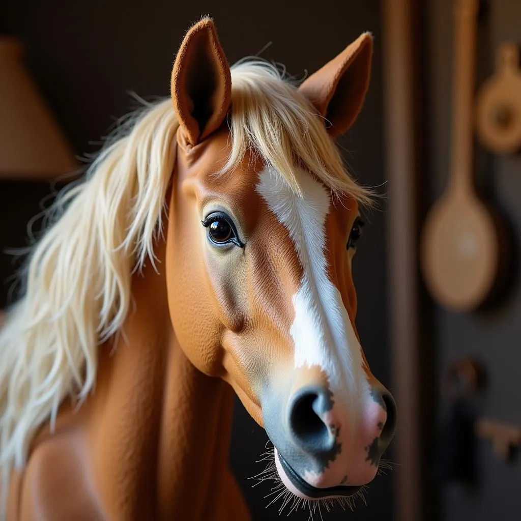 Close-up of a realistic hobby horse head and mane