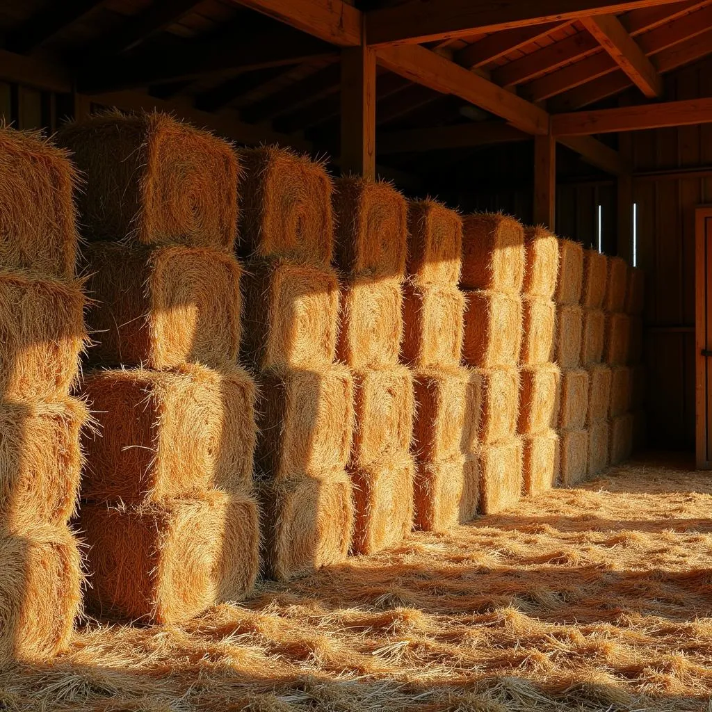 Red Clover Hay Bales Stacked in Barn