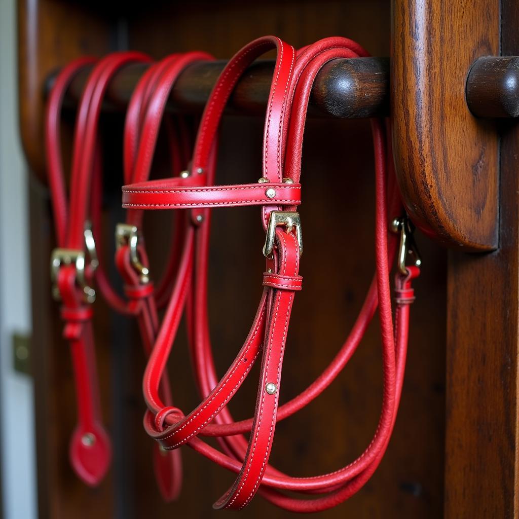 Red leather bridle and reins displayed on a wooden rack