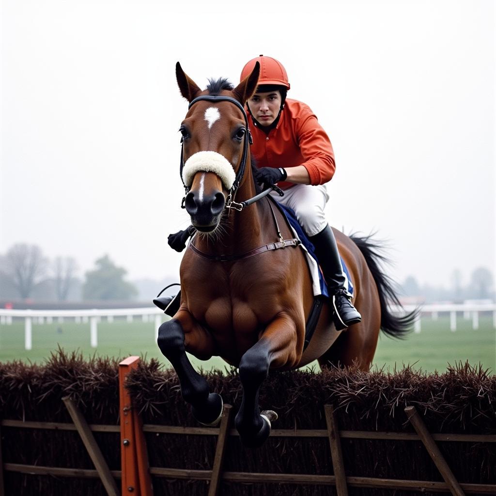 Red Rum soaring over a fence