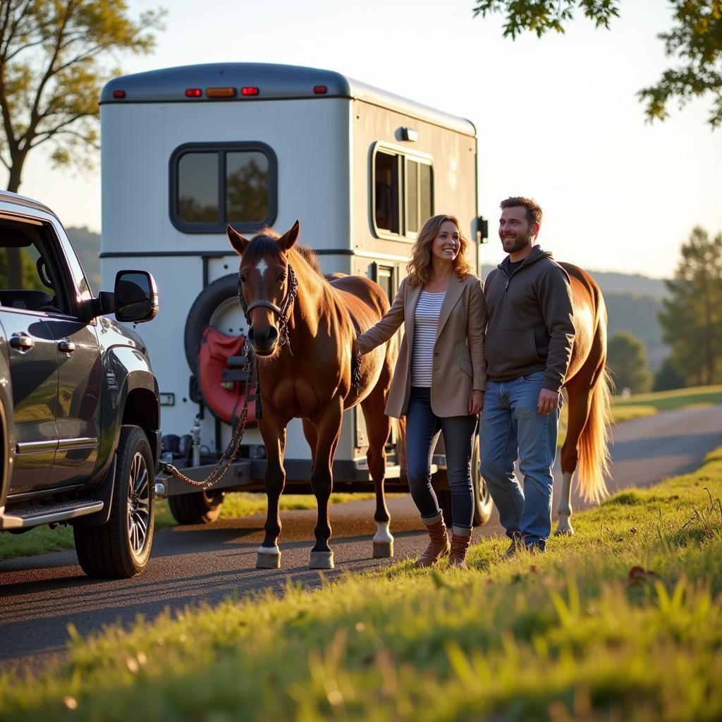 Couple hitching their living quarter horse trailer to their truck