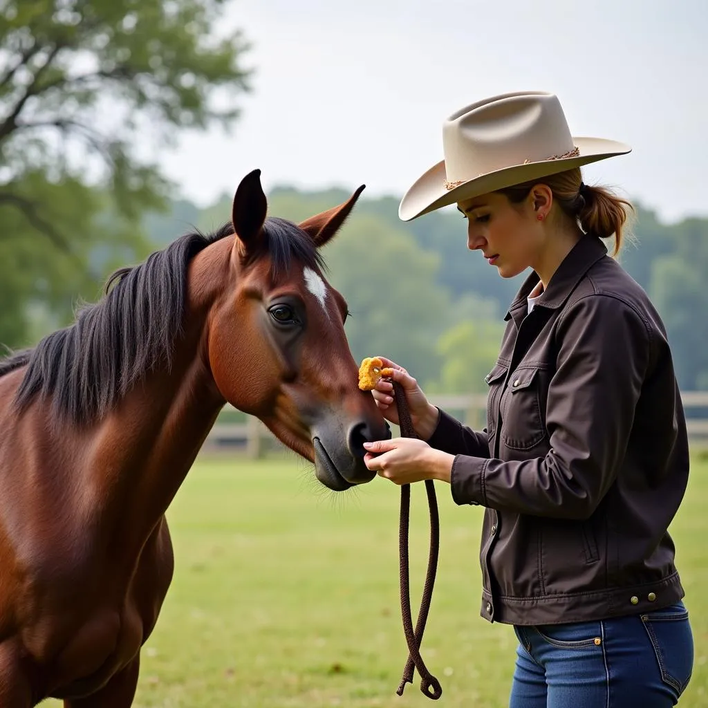 Horse trainer teaching horse a trick with a treat 