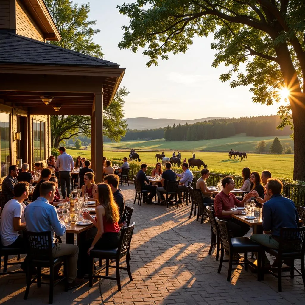 Restaurant patio with diners enjoying a meal overlooking a horse farm