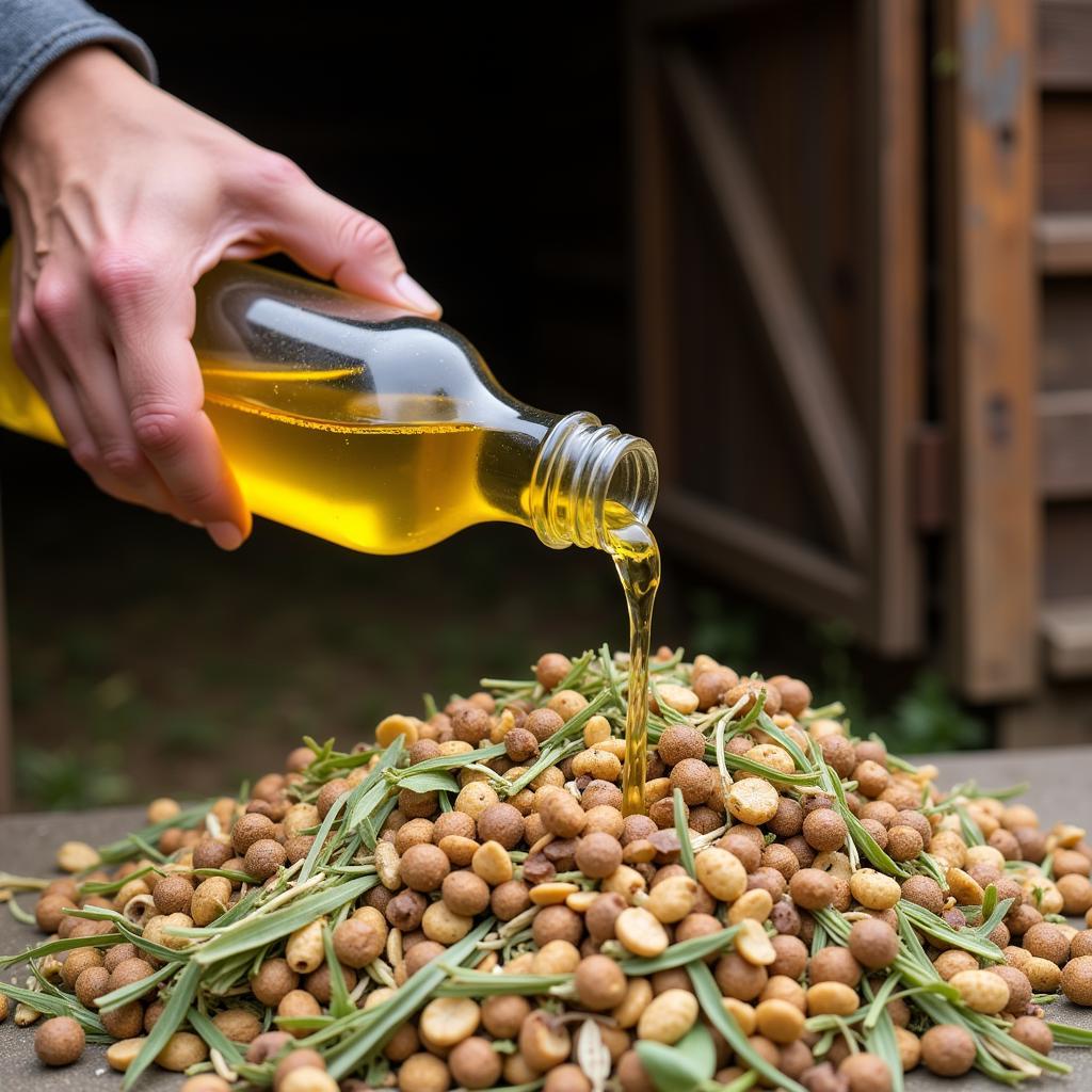 Pouring Rice Oil on Horse Feed